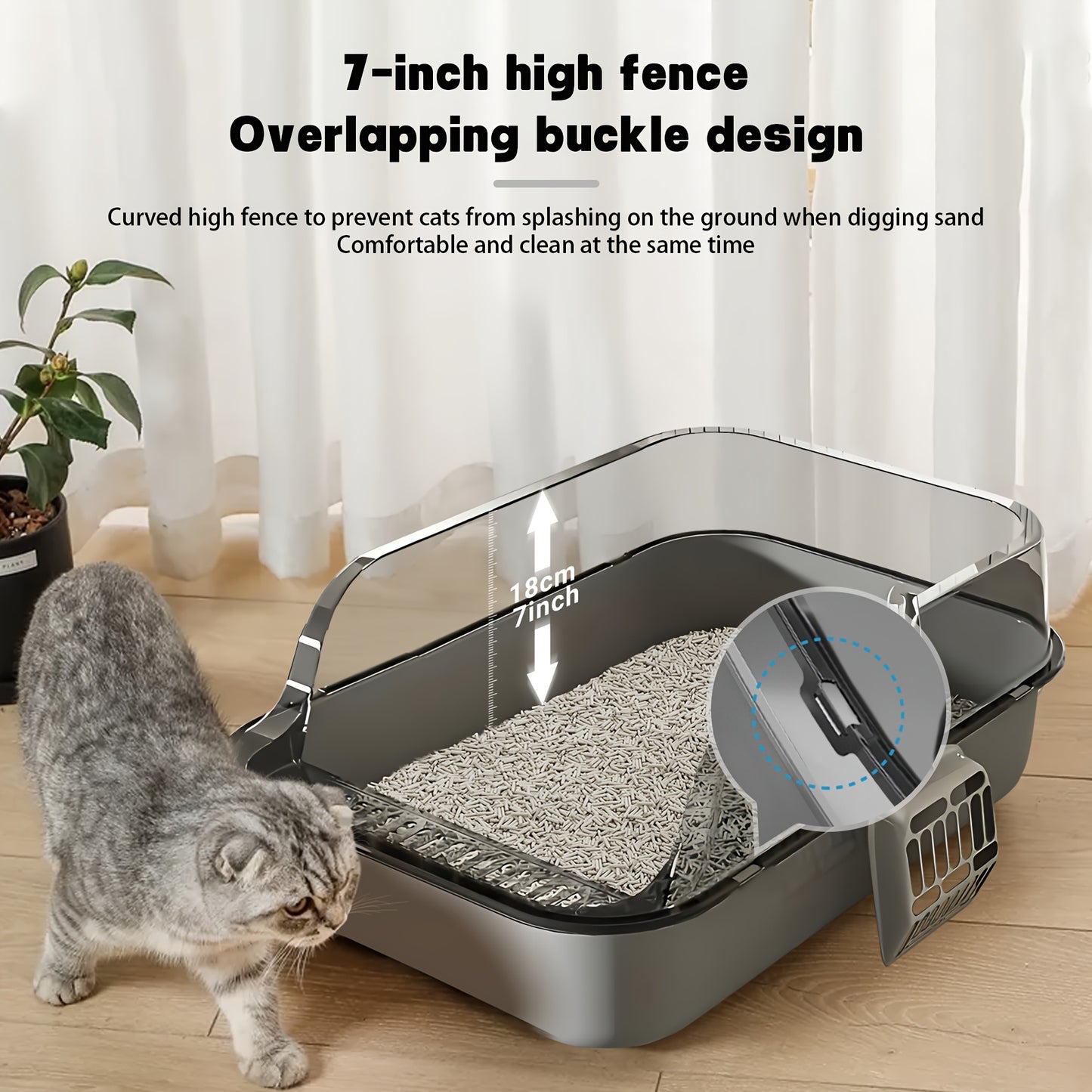 Three-piece high-quality plastic cat litter box with shovel, easy for cats to enter and exit, square high edge design for easy cleaning.