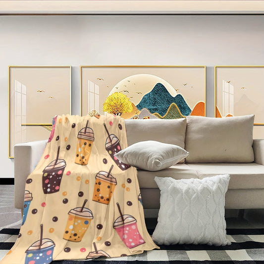 Modern Boba Tea Design Flannel Throw Blanket - Soft and Lightweight, Perfect for Bed or Sofa - Features Cartoon Bubble Pattern, Ideal for All Seasons - Made with Soft Knit Digital-Print Polyester Cover, 200-250 g/㎡.