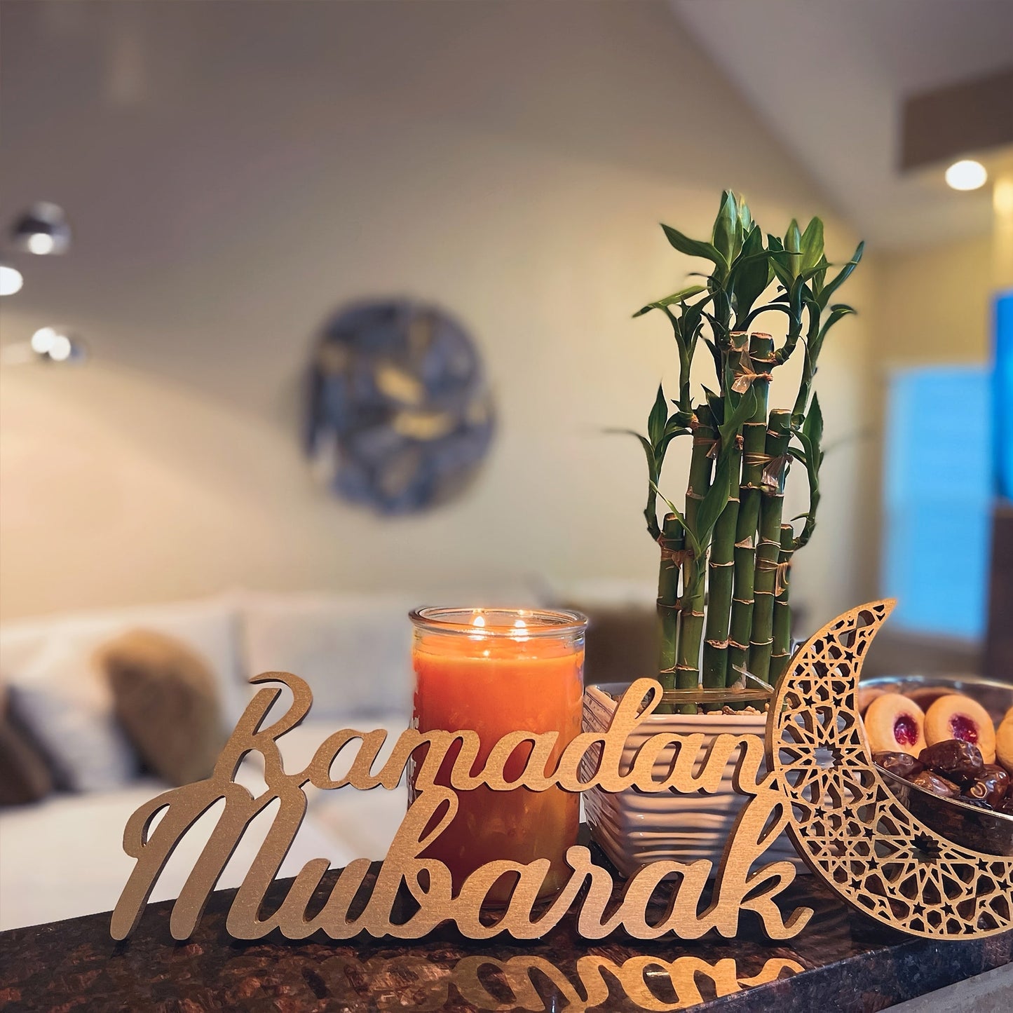 Chic Wooden Table Stand for Ramadan Mubarak - Bohemian Golden Crescent Moon & Stars Design, Ideal for Eid Al-Fitr Decor & Gifts, No Batteries Required