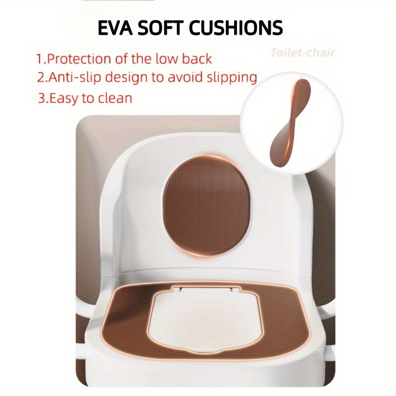 Adjustable medical toilet chair with wide seat, safety rails, and handles for elderly, pregnant women, and disabled individuals.