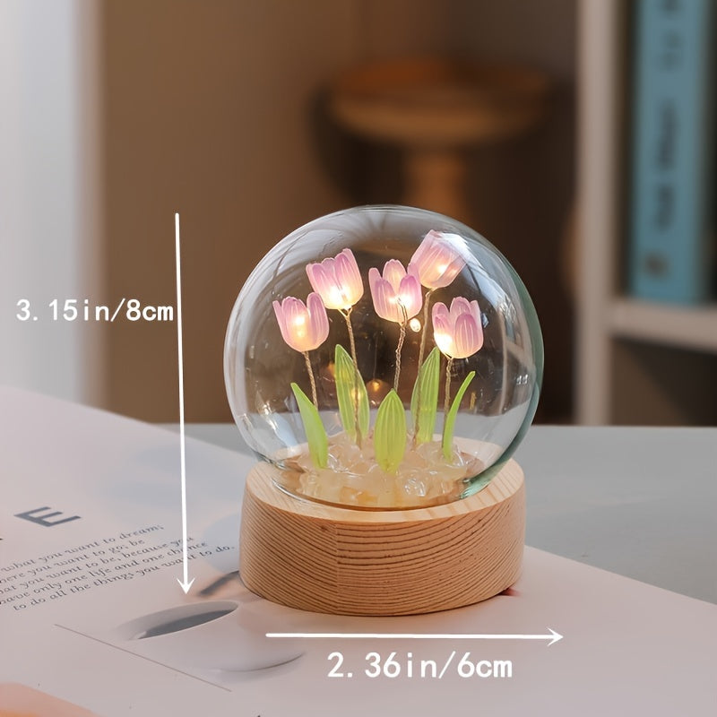 Modern handmade glass tulip night light with switch control. Perfect gift for Mother's Day or birthday. Battery-powered (battery not included).