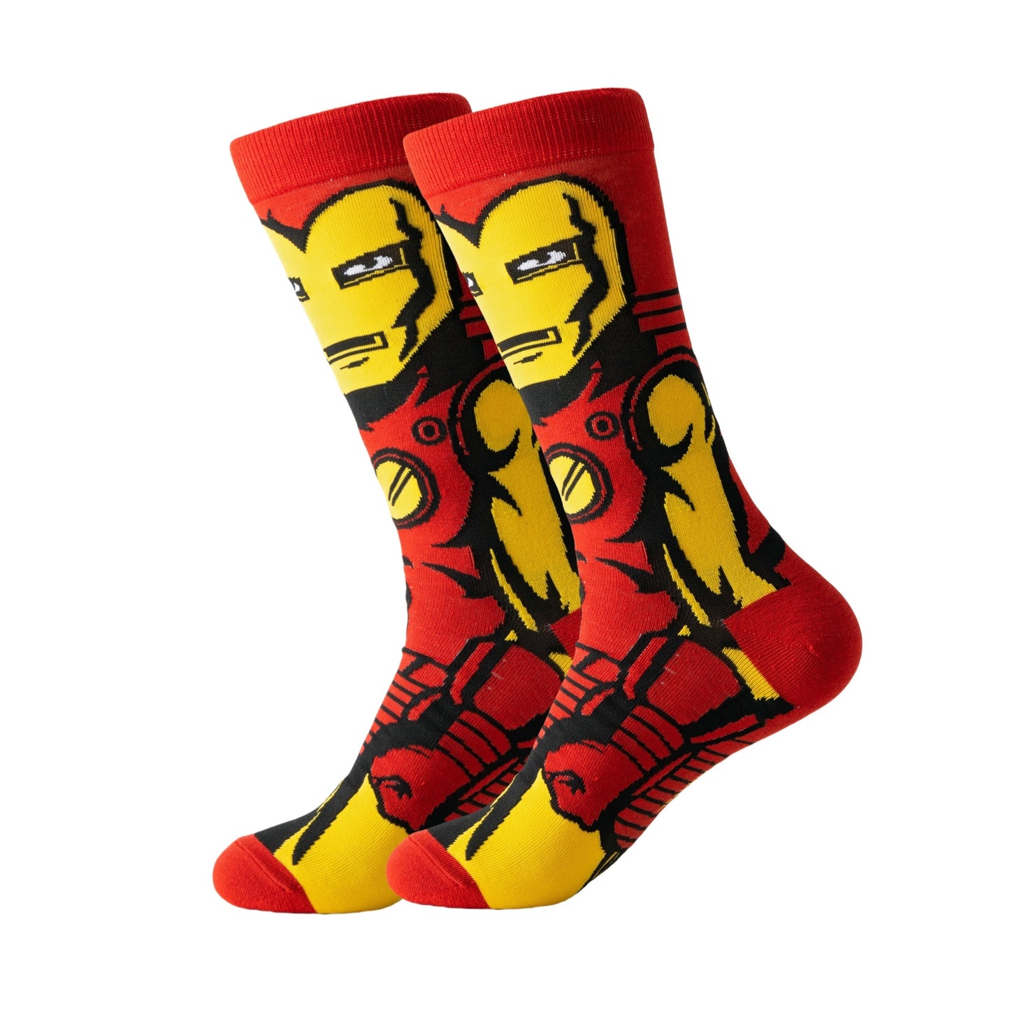 5/10/20 pairs of men's cartoon crew socks made of 97.8% Polyester and 2.2% Spandex. Breathable knit fabric with casual street style, suitable for all seasons outdoor wear. Hand washable.