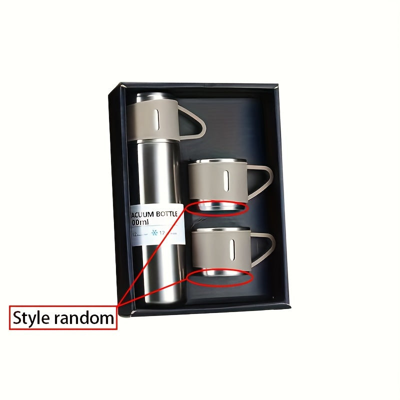 Stainless steel thermal mug set for hot and cold beverages, perfect for business and school use.