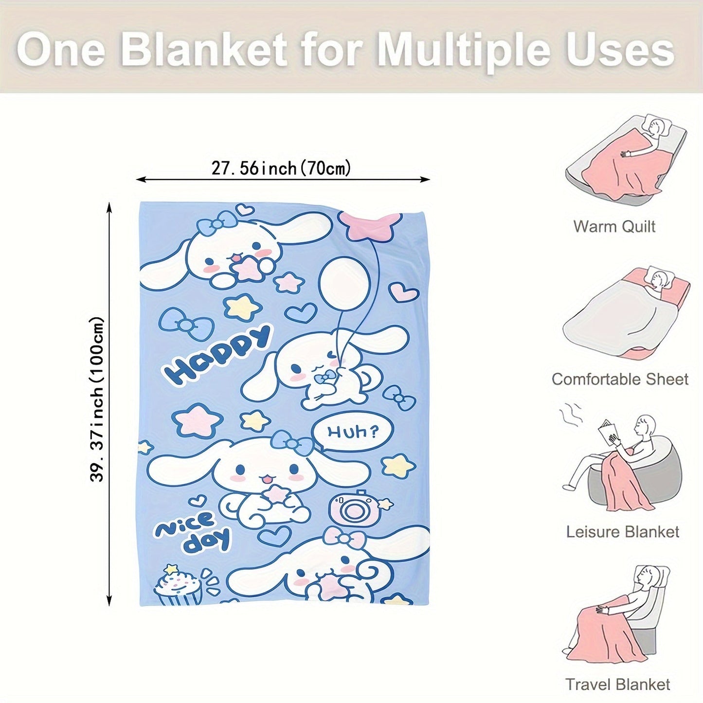 Soft and warm Sanrio Cinnamoroll plush flannel throw blanket featuring a cozy cartoon print. Perfect for adding a touch of cuteness to your bedroom, living room, or for taking on camping trips and travel adventures. This multi-purpose gift is sure to