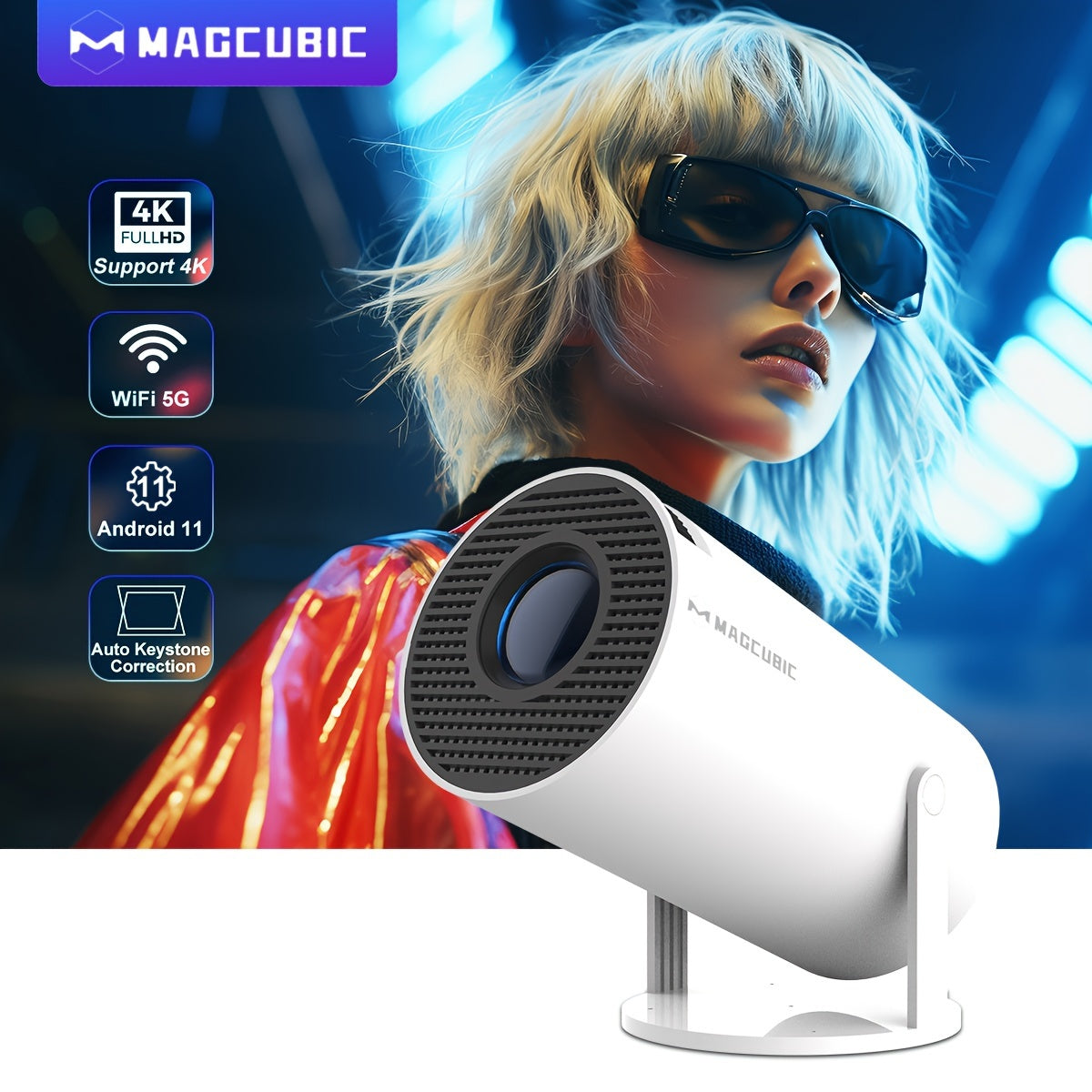 Magcubic 4K Wifi6 projector with Android 11, 260 ANSI, Dual WIFI, EU Plug, Allwinner H713 wireless 5.0, 1280*720P resolution, and HY300 Pro model for home cinema and outdoor use.