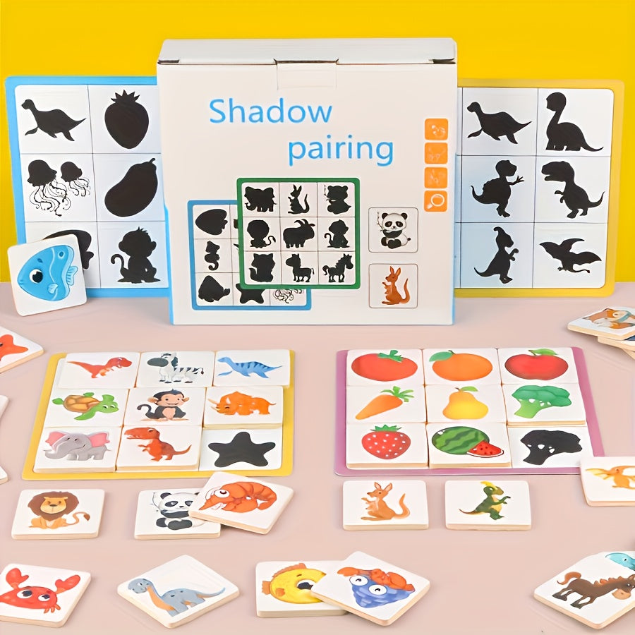 Wooden brain teaser puzzle for kids, helps with shape recognition and cognitive development through fun animal and fruit shadow matching game.