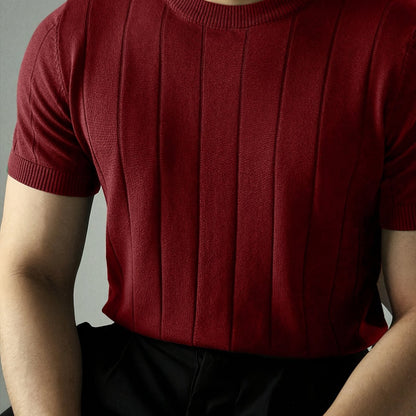 Solid Red Men's Short Sleeve Crew Neck Knit Sweater made with stretch fabric, perfect for outdoor and casual wear, easy to care for.