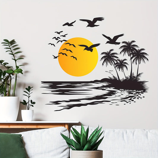 Removable Vinyl Wall Sticker Set - Featuring 1PC Tropical Sunset Scene with Palm Trees and Flying Birds, Perfect for Living Room & Bedroom Decor with PVC Material