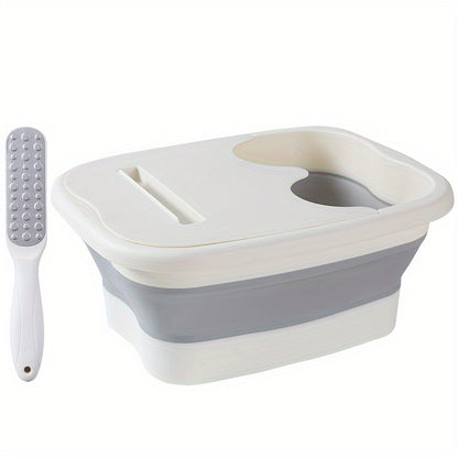 Portable folding foot soak bath tub with lid for deep immersion foot massage. Durable home spa accessory with unscented basin and non-electric manual massage surface. Includes foot file and