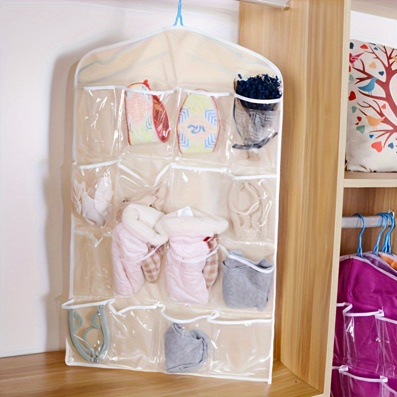 16-pocket hanging organizer made of durable polyester with transparent mesh pockets for clothes, socks, and underwear. Space-saving solution for bedroom, closet, or dorm organization.