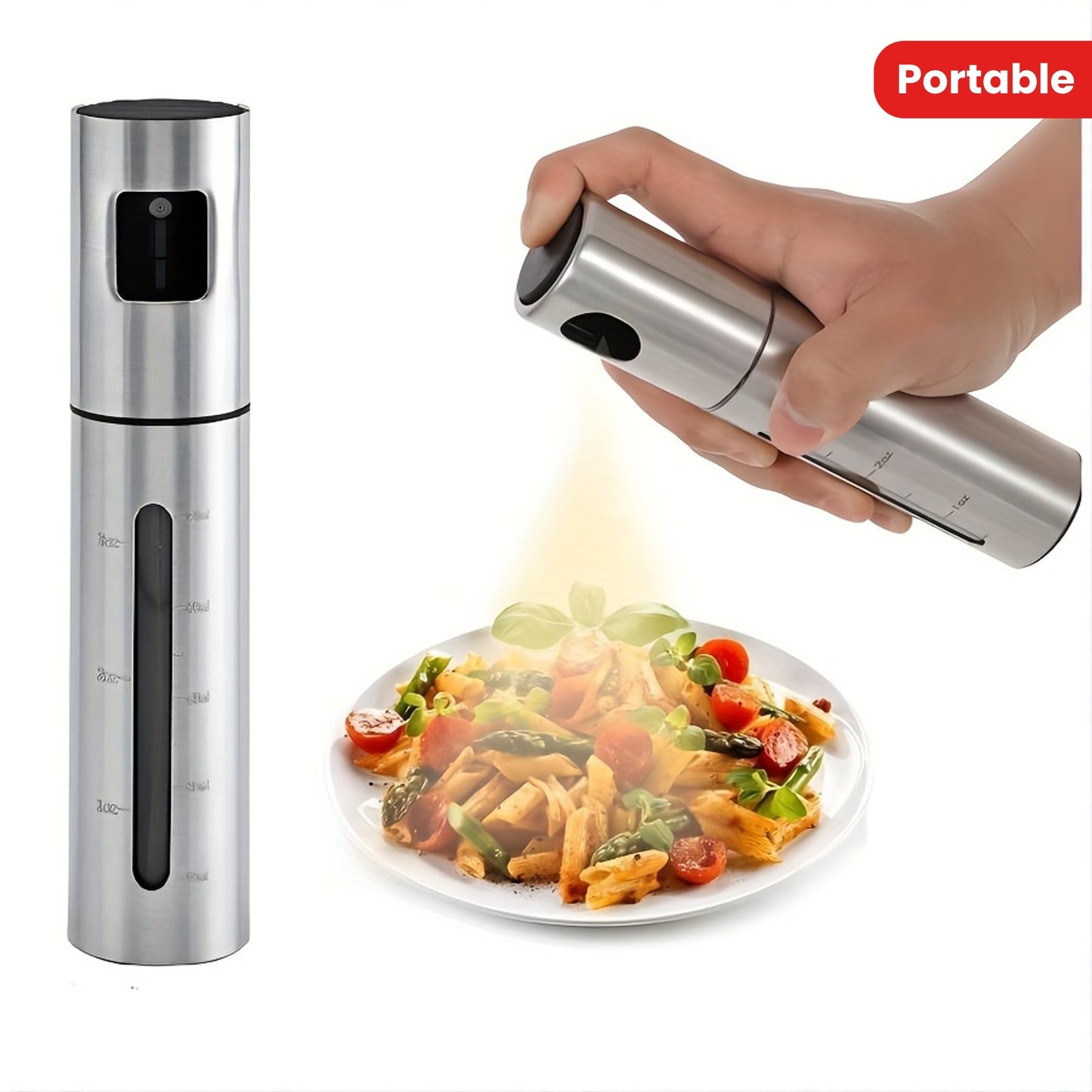 A 100ml stainless steel oil spray bottle for household kitchen use, perfect for seasoning and barbecuing with olive oil.