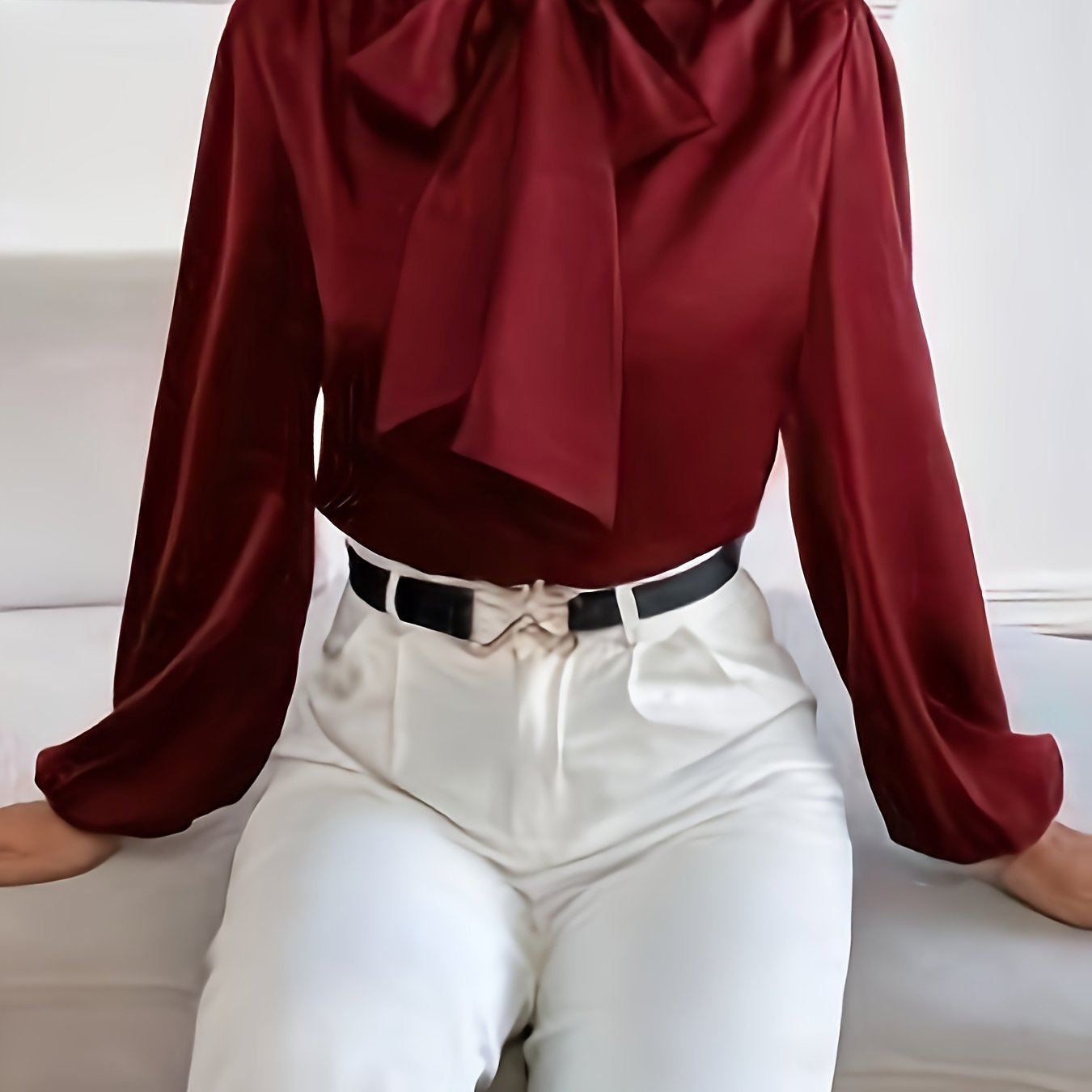 Solid color tie-neck blouse, women's clothing for spring and fall.