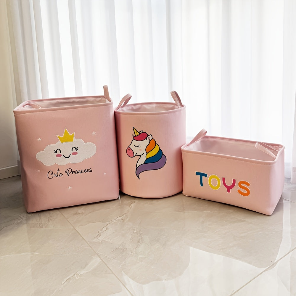 Stylish pink embroidered storage basket for girls. Great for organizing toys, clothes, and desks.