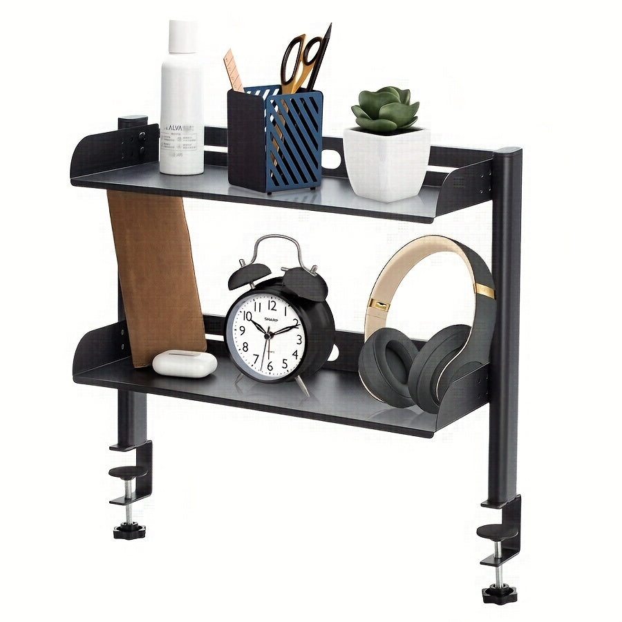 Adjustable clamp-on desk organizer, 43.18cm, dual-layer metal side table for office supplies & accessories.