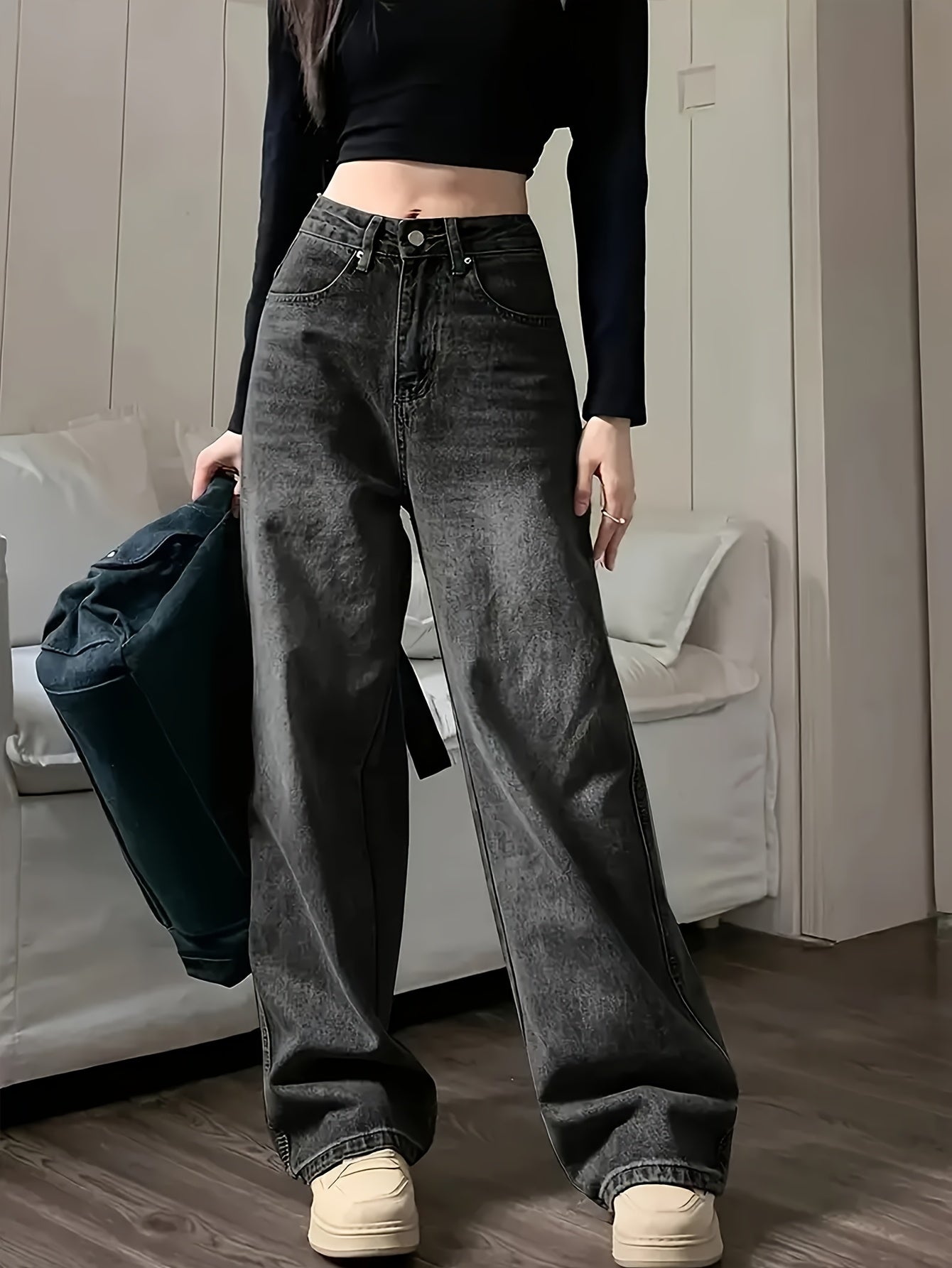 Women's Wide Leg Jeans in Black and Gray Korean Design