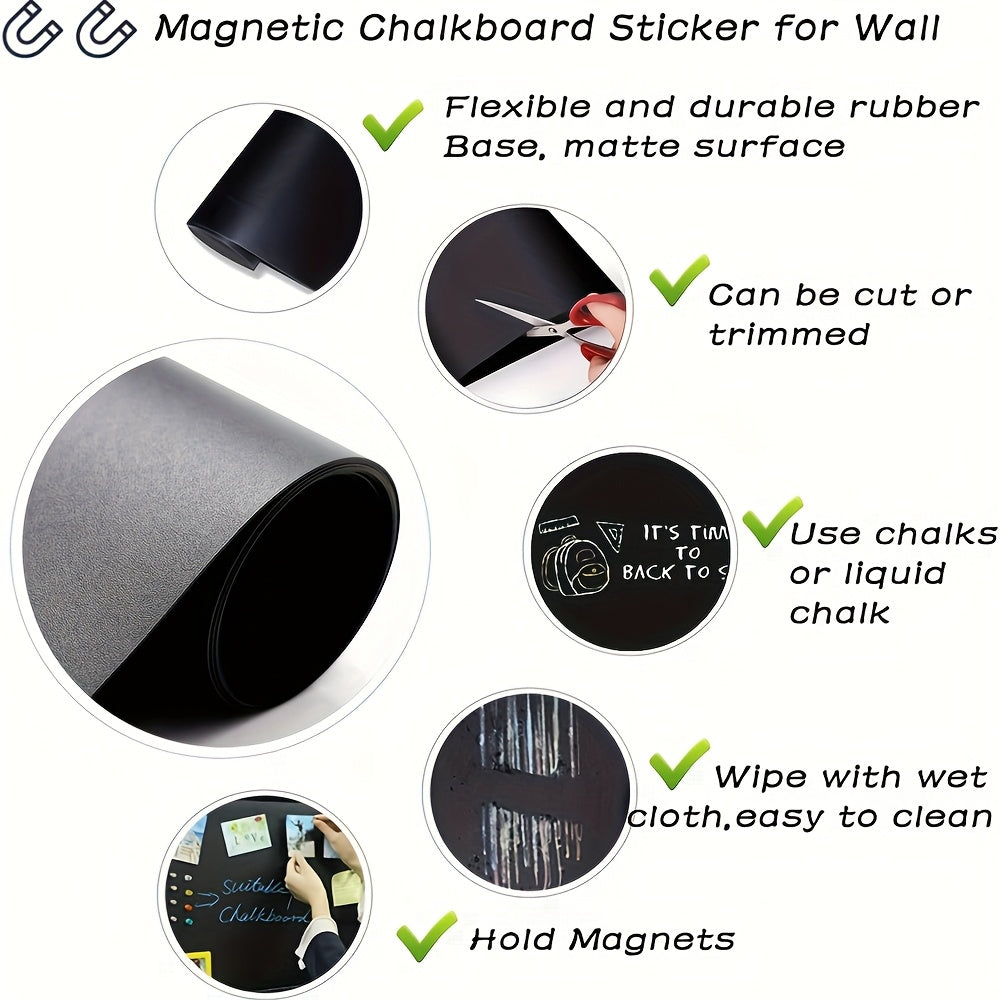 Erasable magnetic blackboard film for smooth surfaces in office and home settings. Includes eraser and 4 magnets.