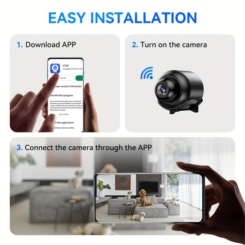 Compact USB-powered Mini Camera ≤36V with Real-Time Monitoring, Infrared Night Vision, Motion Detection for Smart Home Security indoors - ideal for Puppy Nanny Cam, Easy to Install.