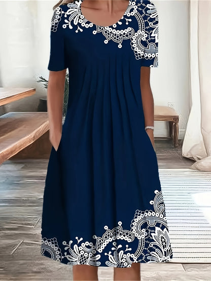 Women's Navy Blue Floral Print Short Sleeve Dress - Elegant Pleated Midi with Round Neckline, Non-Stretch Polyester Fabric, Ideal for Spring/Summer Fashion