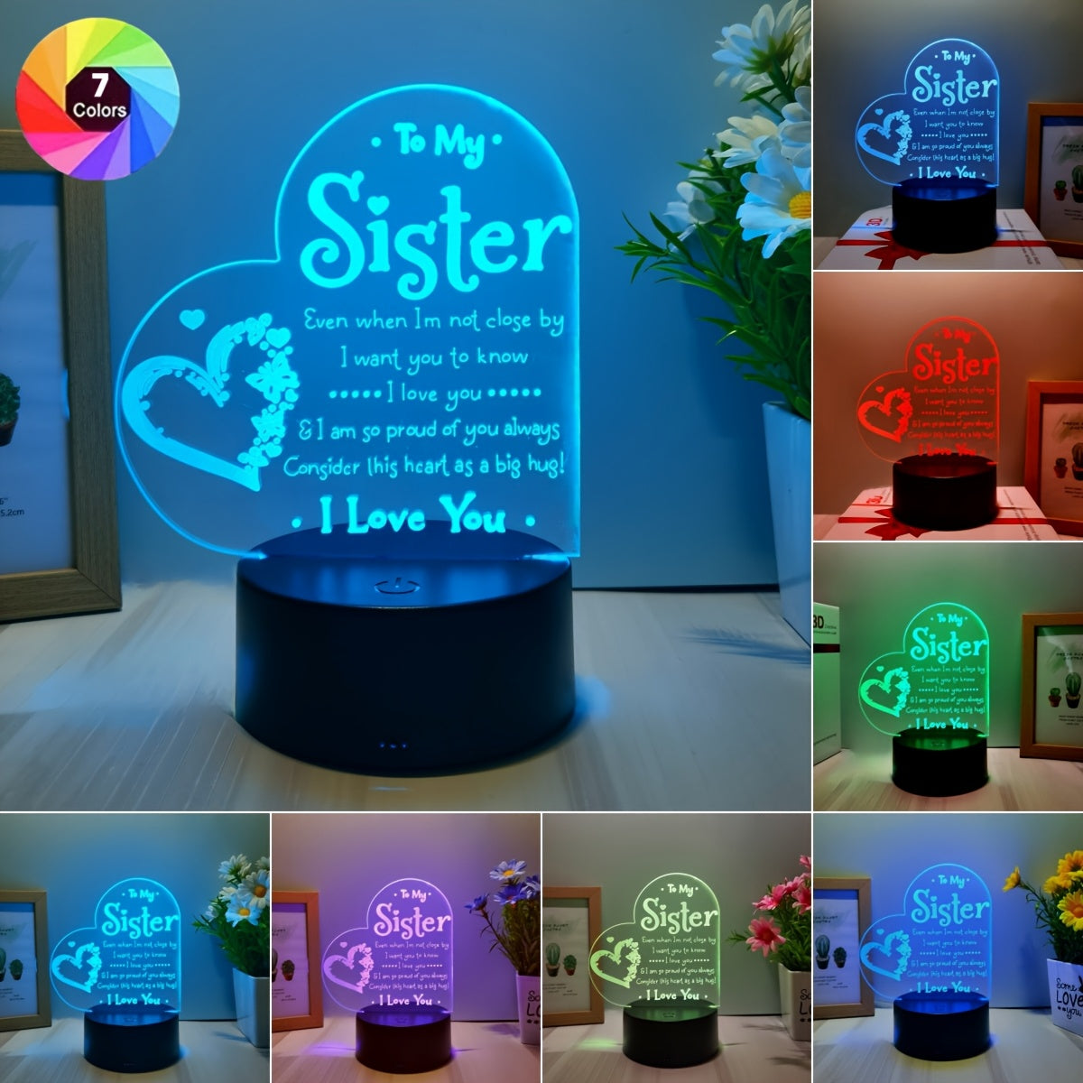 3D LED Night Light for Sister, USB Powered Decoration, Love Message Lamp for Bedside - Perfect Gift for Special Occasions - No Batteries Needed