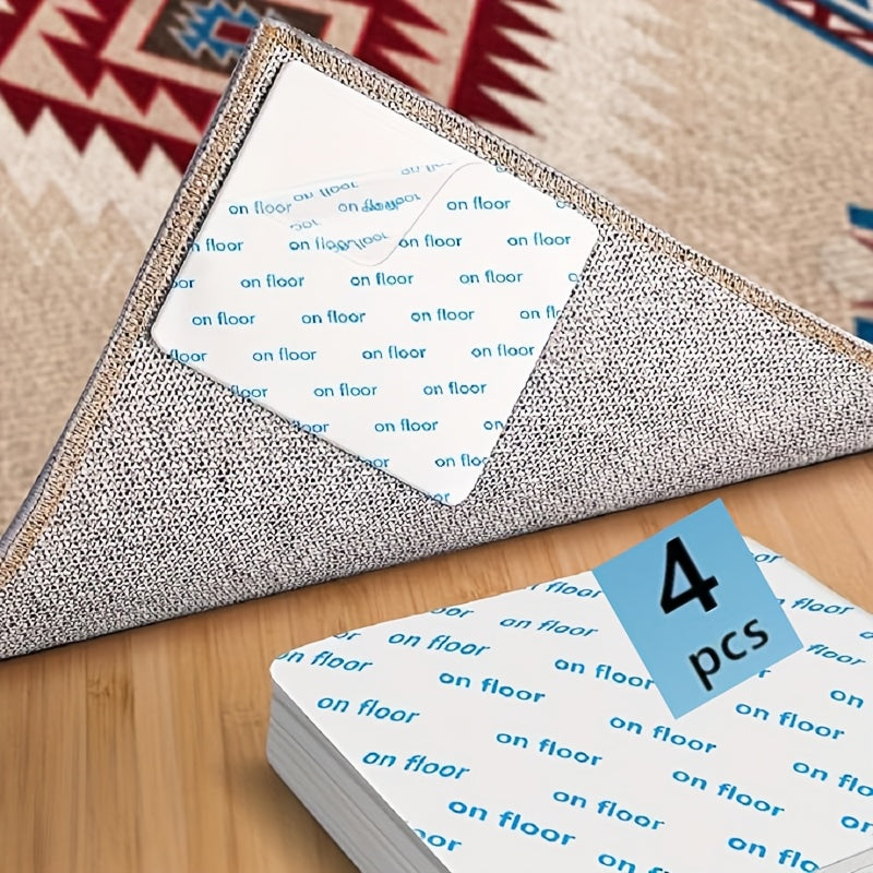 4 pieces of Non-Slip Carpet Gripper Pads - Can be Reused and Cut to Size, Featuring Double-Sided Adhesive for Keeping Area Rugs Secure on Hardwood Floors and Tiles, Perfect for Office or Home Use, A Must-Have Rug Gripper