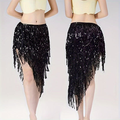 Sequined tassel skirt ideal for energetic belly dance performance.