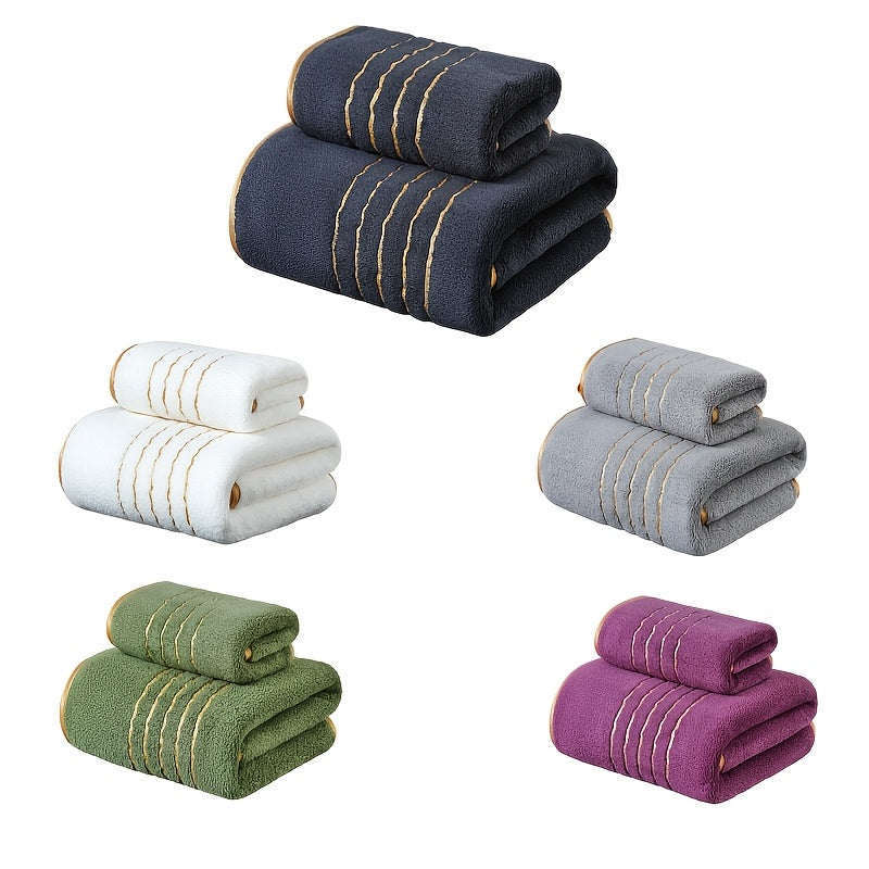 Set of 2 striped polyester bath towels with super absorbent feature. Includes one large towel (85.65*169.32 cm) and one small towel (33.86*73.69 cm). Ideal for bathrooms, gyms, parties