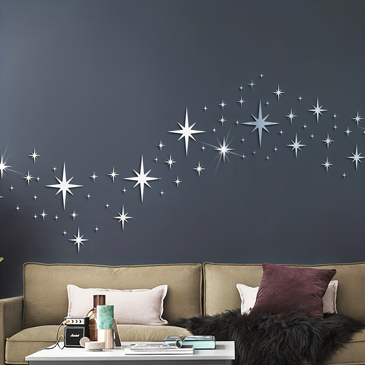 Box of 82 acrylic star mirror stickers for creative wall and ceiling decor.