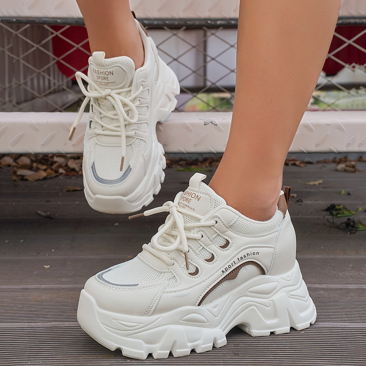 Chunky sneakers with breathable mesh and height increase for women, trendy walking shoes.