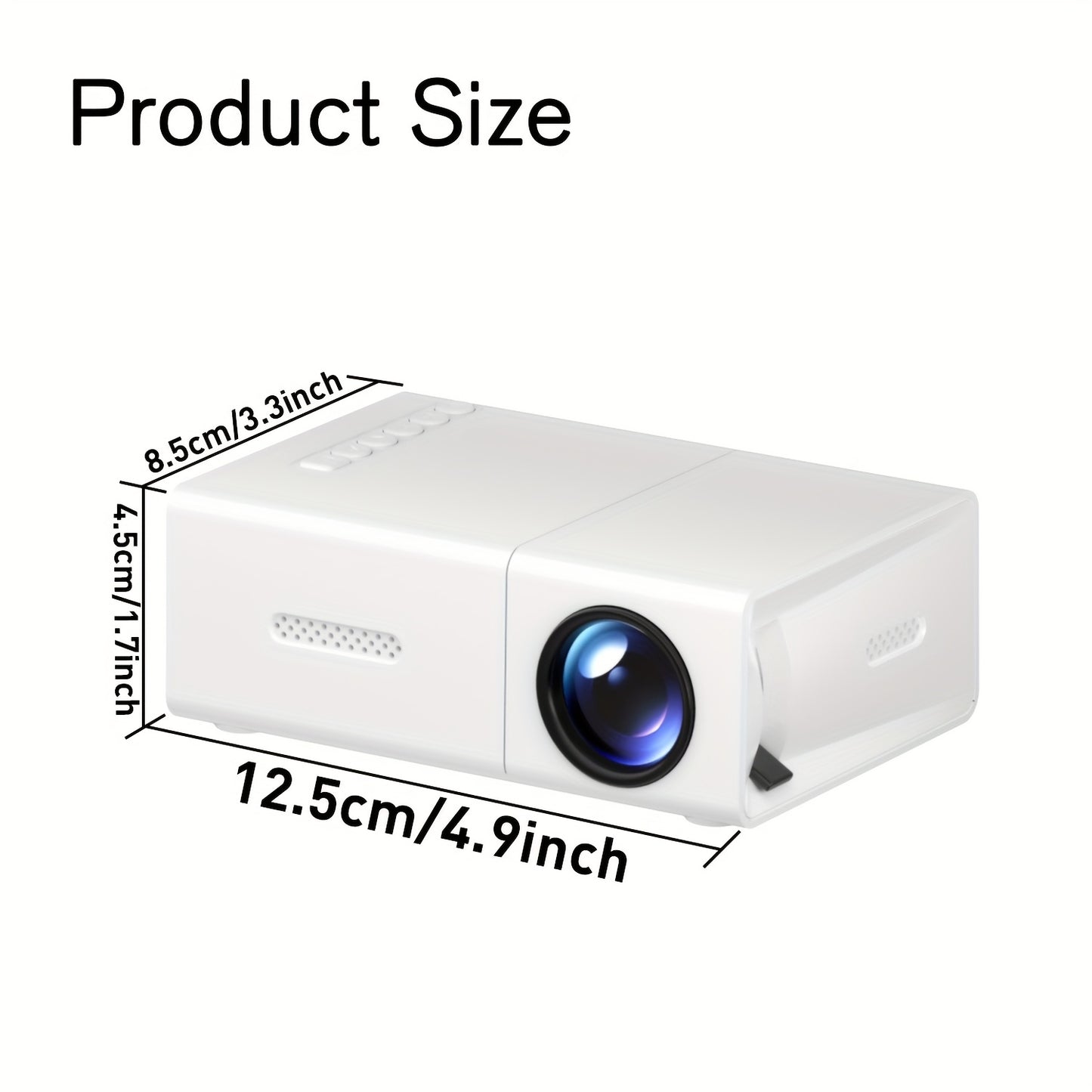 The ZRZTM Portable Mini Projector features LED display, 1080P support, speakers, remote control, native 320P resolution, and is compatible with USB and smartphones. It has button control