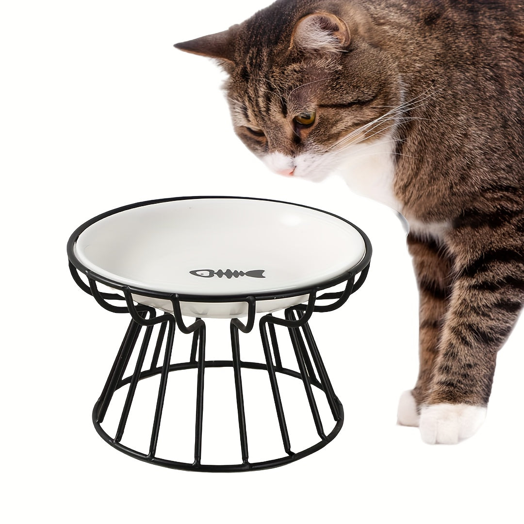 Raised ceramic cat bowl with anti-slip iron stand for comfortable and spine-friendly eating.