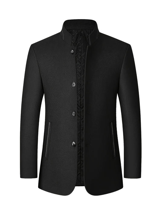 Men's wool blend stand collar jacket with pockets, single-breasted regular fit for fall/winter, 75% polyester, 25% wool, solid color, non-stretch fabric.