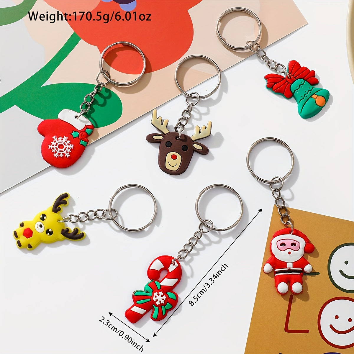 Christmas Keychain Set with 46 Pieces, featuring Santa, Snowman, Christmas Tree, and other Cartoon Characters. Made of PVC, Round Shape with Ring Buckle. Festive Decor for Car Keys and Gifts.