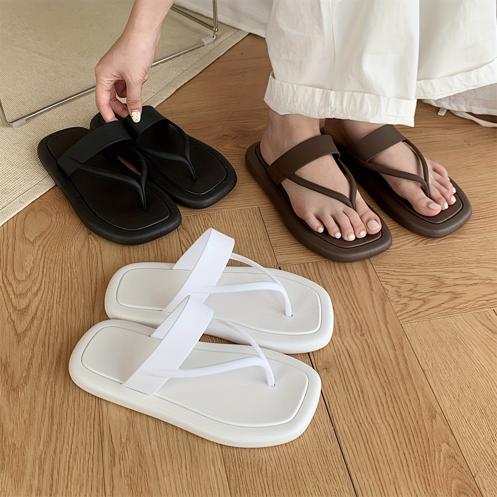 Women's solid color flip flops with soft PVC sole, lightweight and non-slip for casual seaside wear.