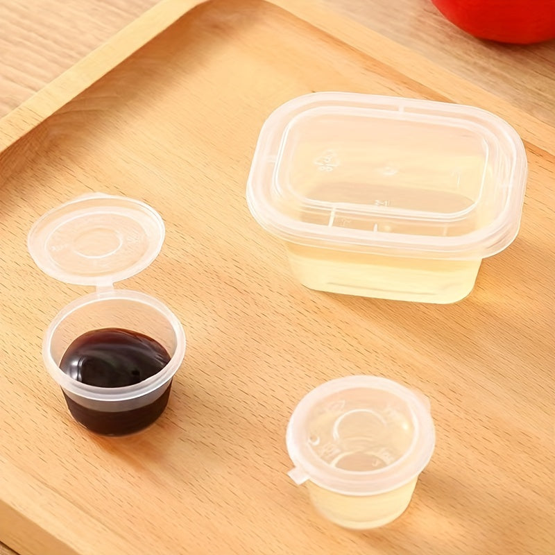 50 transparent disposable sauce boxes for takeout, packaging, and seasoning. These multipurpose food storage boxes come with covers.