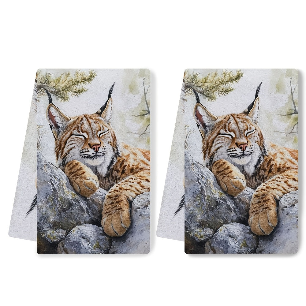 Set of 2 Ultra Soft Kitchen Towels featuring a Serene Lynx Resting on Rock Design, Perfect for Drying Dishes. Highly Absorbent & Machine Washable, Adds a Contemporary Coastal Decor Touch to Your Kitchen. Each Towel Measures 40.64x60.96 cm.