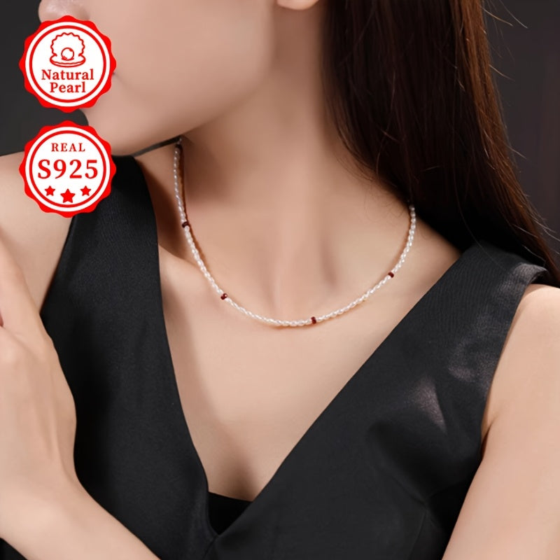 Stylish and Luxurious Freshwater Pearl Necklace for Women - Featuring an S925 Silver Clasp, Adjustable Strand of 3-4mm Rice Shaped June Birthstone Pearls, Perfect Gift Presented in a Gift Box