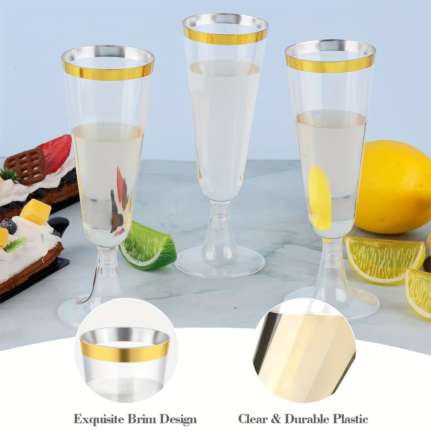 25 pieces of 5-ounce plastic champagne flutes in a shiny gold color. These disposable glasses are perfect for cocktails at parties, bars, picnics, weddings, anniversaries, birthdays, or any other special occasion. Complete your party supplies with these