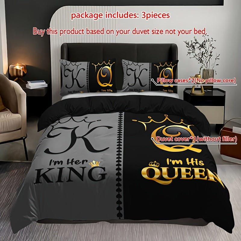 3-piece polyester bedding set with digital print featuring king and queen crown motifs. Includes 1 comforter cover and 2 pillow shams. Machine washable with breathable fabric for all-season comfort. Makes a cozy bedroom accessory and perfect Christmas