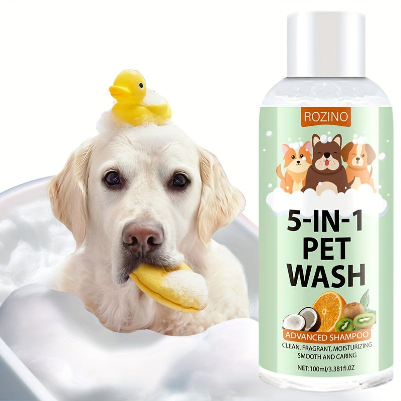 ROZINO 5-in-1 Pet Shampoo, 100ml - Gentle formula, moisturizing, fragrance, non-tear, long-lasting scent, tangle-free for all pet skin types.