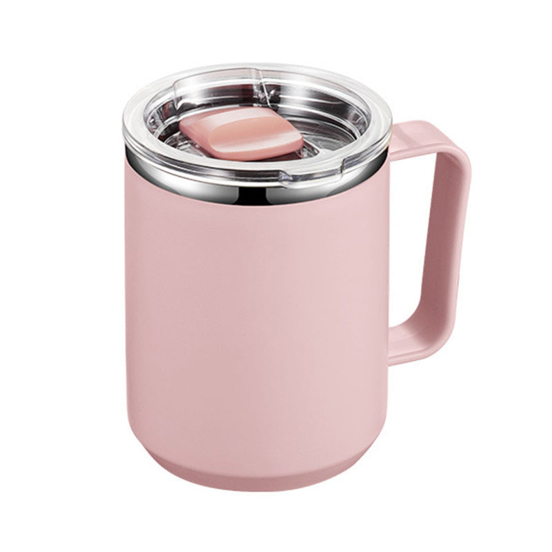 Insulated stainless steel coffee mug with handle and lid for office, outdoor, and school use.