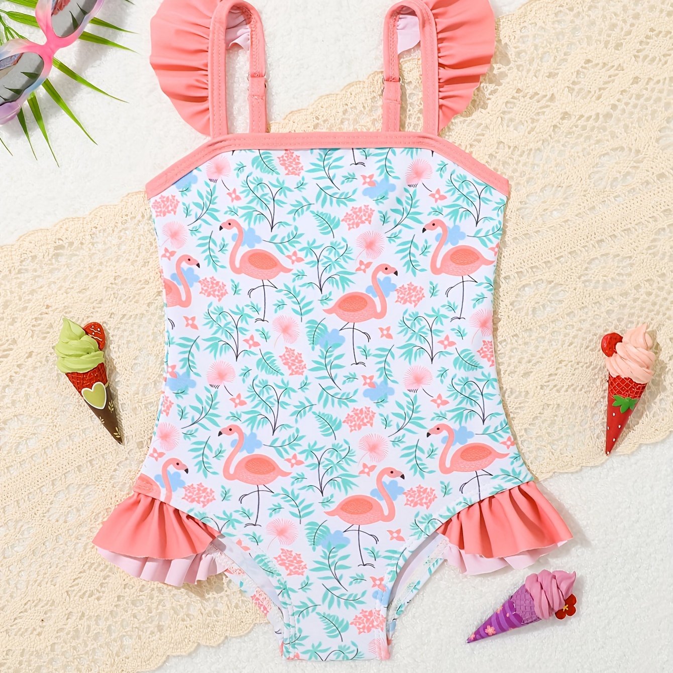 Adorable pineapple pattern one-piece girls' swimsuit in quick-dry, stretchy polyester with ruffle detail, off-shoulder design for toddlers.