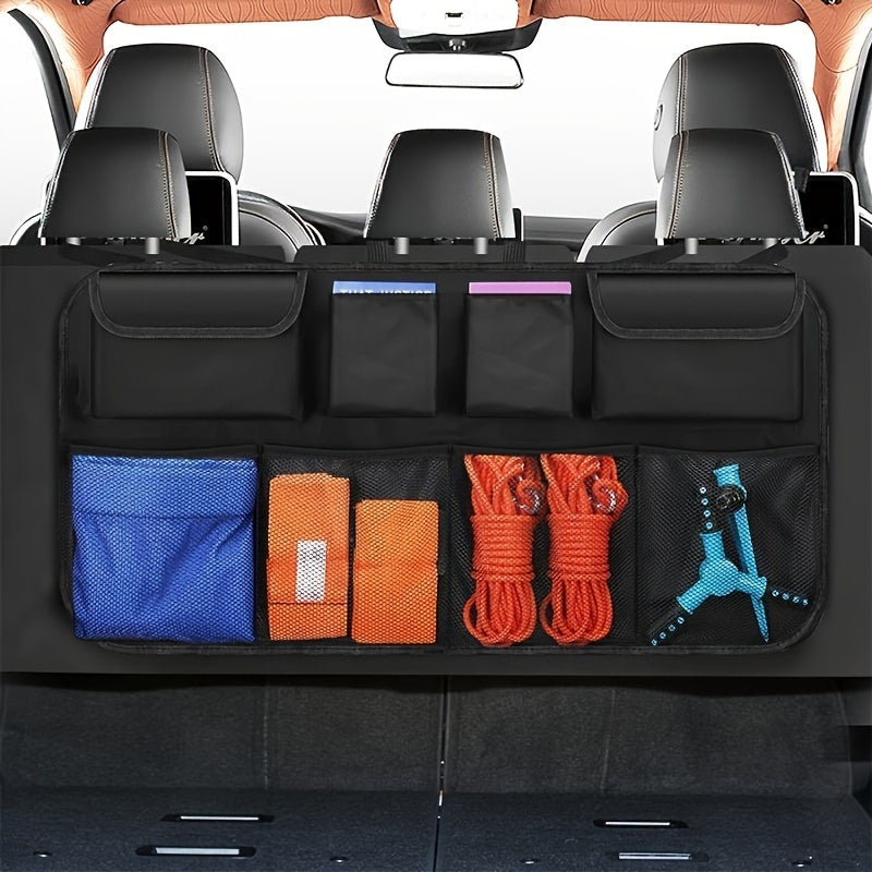 1pc Durable Polyester Car Trunk & Seat Organizer with 8 pockets and adjustable straps for organizing tools, bottles, and accessories.