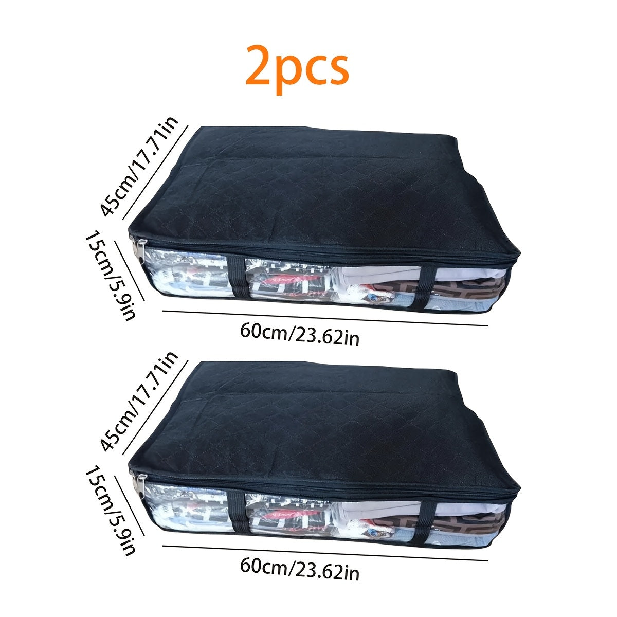 Underbed storage solution includes 2pcs/1pc moisture-proof plastic window underbed storage bag, non-woven clothes organizing bag, and blanket storage with handle. Perfect for organizing clothes and blankets in your bedroom and maximizing under-bed