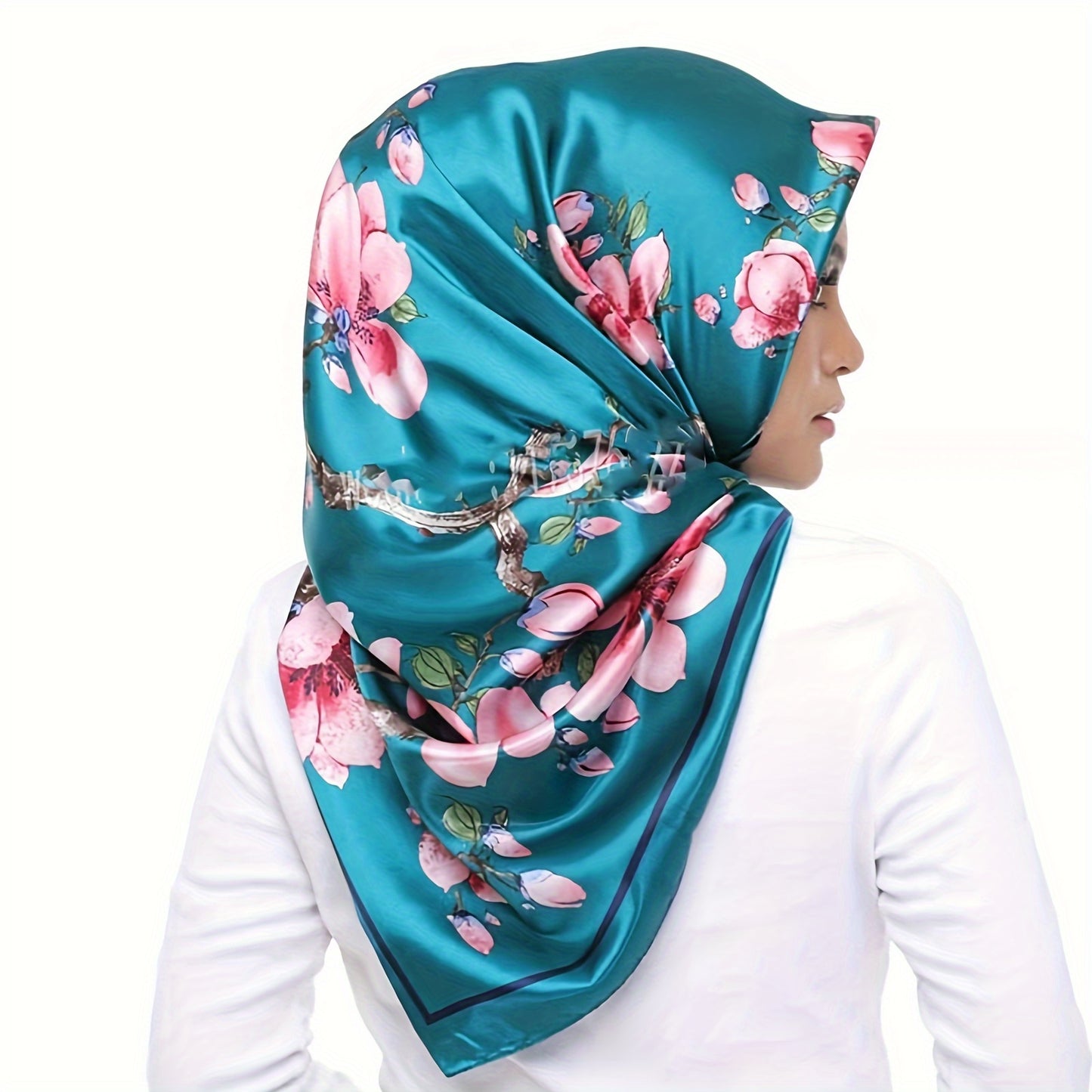 Chic Teal Polyester Square Scarf with Pink & White Floral Print - 89.92cm, Lightweight and Stylish, Ideal for Outdoor Use and Sun Protection.