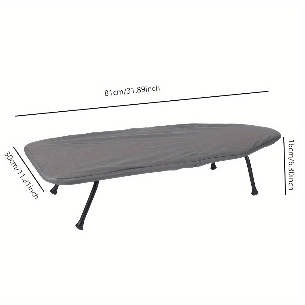 An ironing board for desktop use that is made of iron, compact, and foldable for convenient storage and transport. Features a surface made of needle cotton fabric that can withstand high temperatures, making it ideal for both home and travel use.