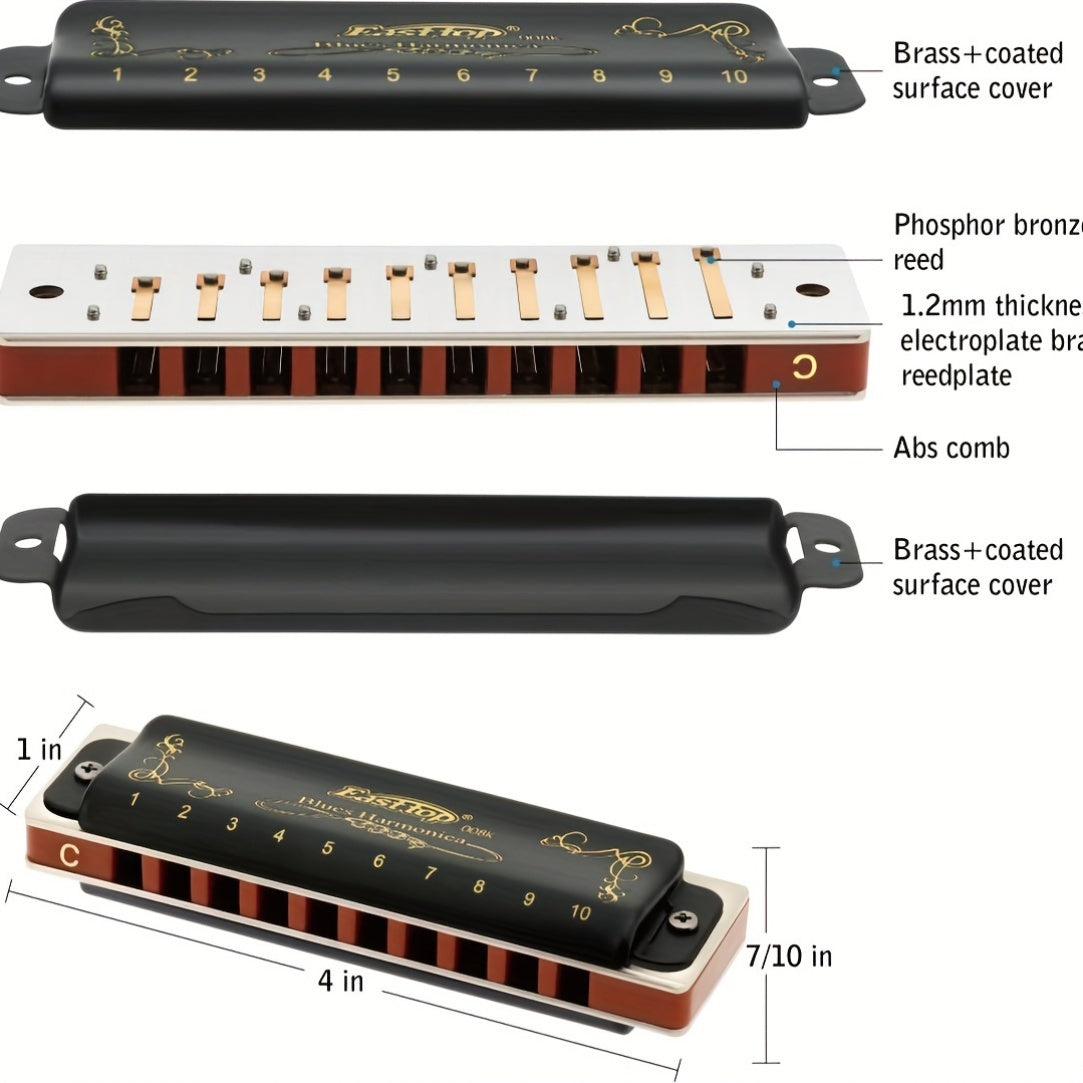 Easttop Blues Harmonica in C Major, Metal with Black Finish, includes Carrying Case.