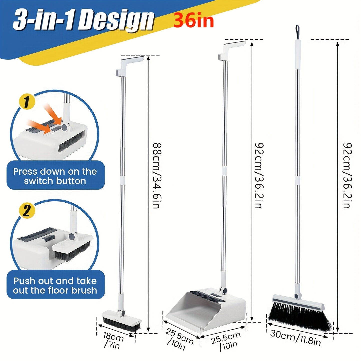 1 Heavy-Duty 3-in-1 Broom and Dustpan Set with Floor Brush, Long Handle, Metal Construction for Indoor and Outdoor Cleaning