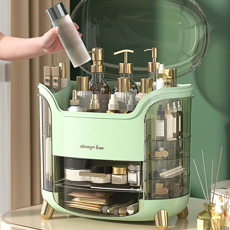 Multi-layer cosmetic organizer with transparent lid for storing jewelry, makeup, and art supplies on bedroom vanity or dresser.