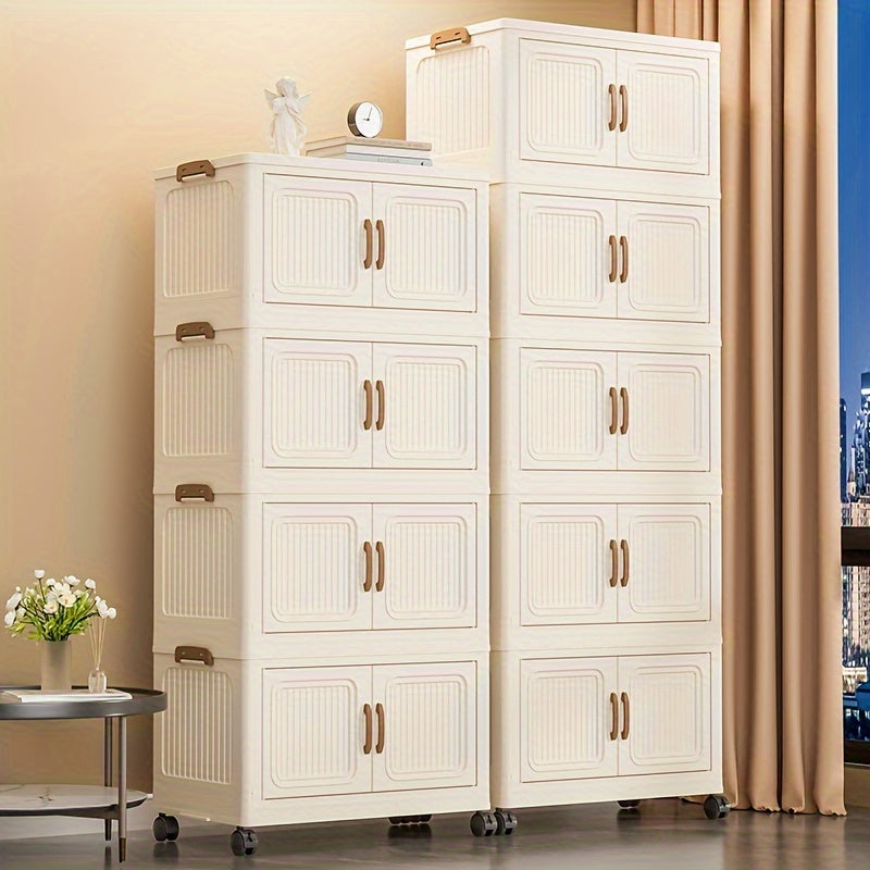 Spacious Foldable Storage Cabinet with Doors & Wheels - Available in 3, 4, or 5 Layers, Waterproof Plastic Organizer for Bedroom, Living Room, Kitchen - Flexible Home Storage Solution with Utility Hooks