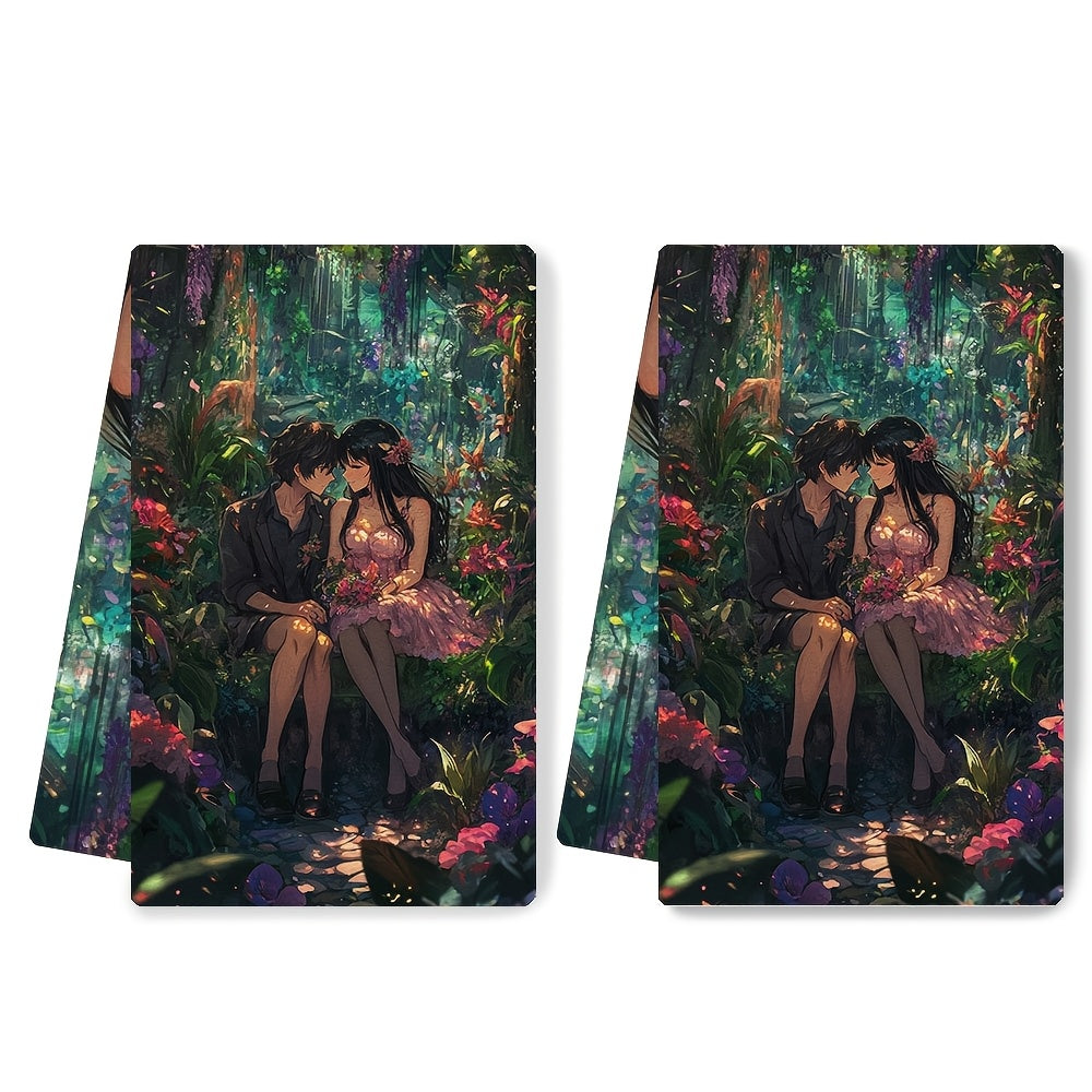 Set of 2 Kitchen Towels - Featuring an Anime Couple Sitting on a Heart Shaped Bench in a Botanical Garden Amidst Exotic Plants and Flowers. These Ultra Soft Towels Create a Luxurious and Romantic Atmosphere. Highly Absorbent and Perfect for Holiday